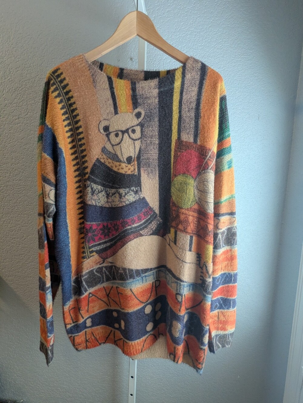 YESNO Vintage Style Oversized Knit Bear Sweater - Cotton Wool Blend